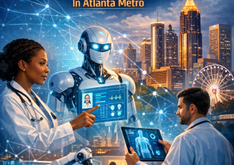 AI robots and healthcare professionals working together using advanced technology in an Atlanta clinic.