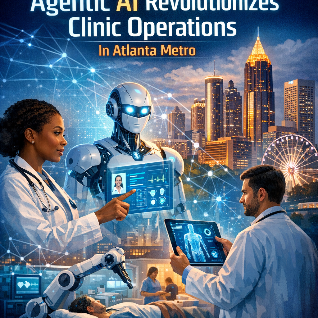 AI robots and healthcare professionals working together using advanced technology in an Atlanta clinic.