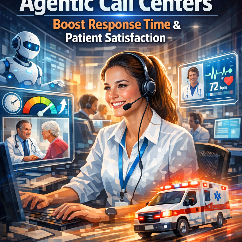 A modern call center with agents using computers displaying AI technology for improved healthcare response times.