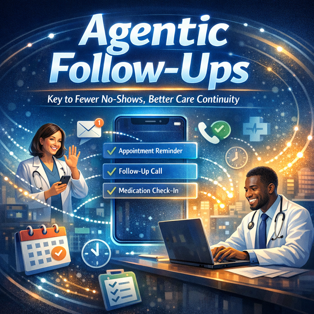 Medical staff discussing patient records on a computer, implementing agentic follow-ups for better care continuity.