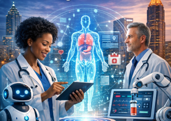 "Advanced AI and robotic tools used by healthcare professionals in an Atlanta clinic."