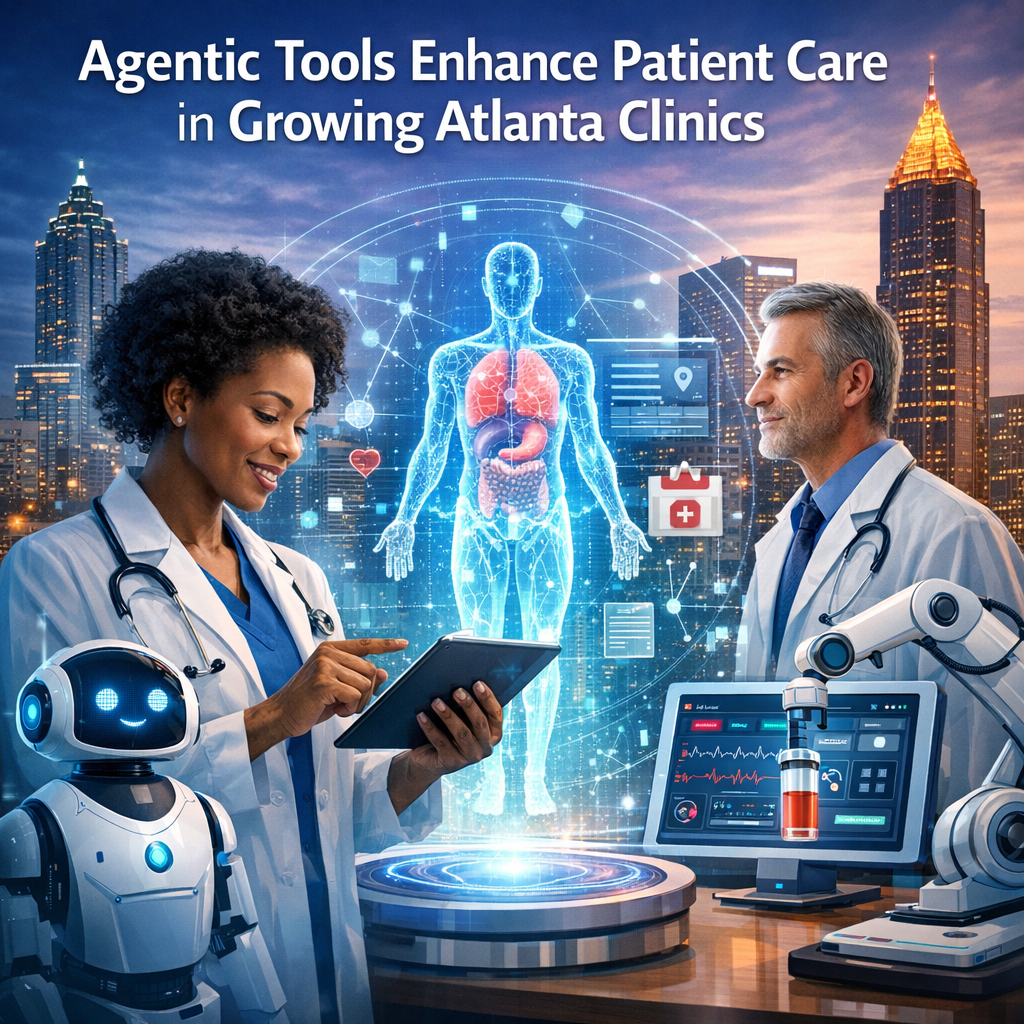 "Advanced AI and robotic tools used by healthcare professionals in an Atlanta clinic."