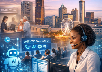 AI-powered call center agent with headset in front of Atlanta skyline, symbolizing modern clinic operations.