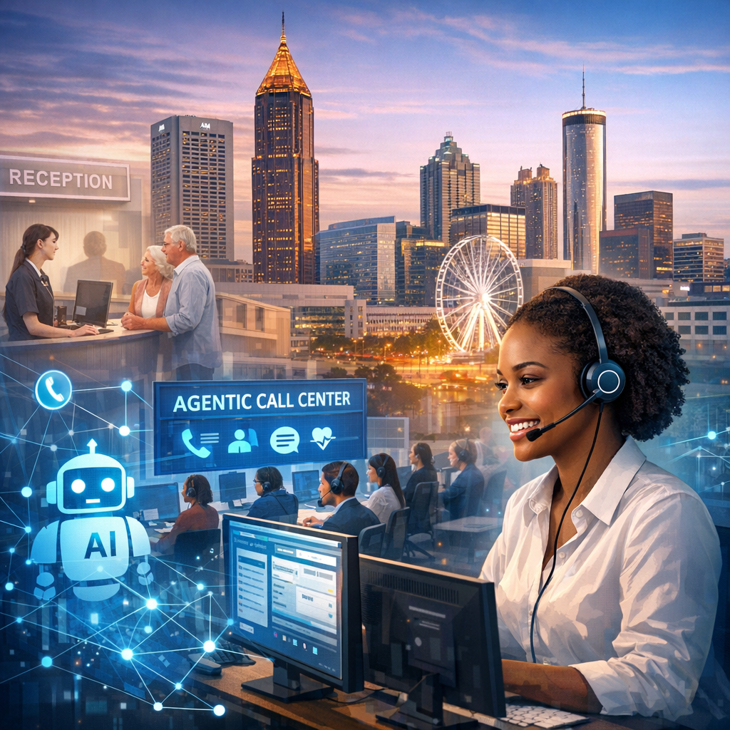 AI-powered call center agent with headset in front of Atlanta skyline, symbolizing modern clinic operations.