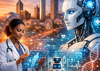 Doctor in Atlanta using AI and robotics in a high-tech healthcare setting.