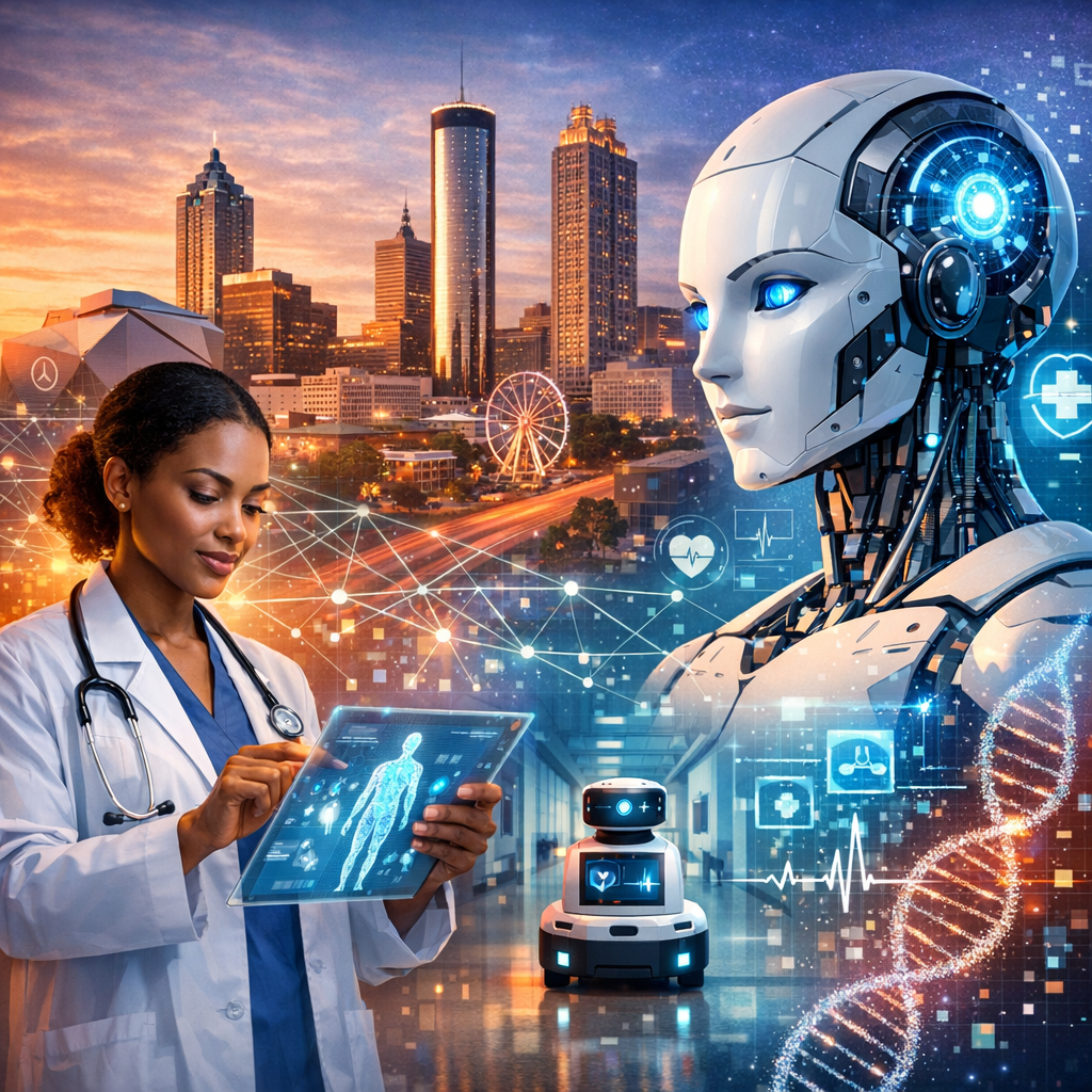 Doctor in Atlanta using AI and robotics in a high-tech healthcare setting.
