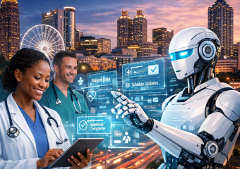 Atlanta healthcare providers using computers and technology to streamline tasks.