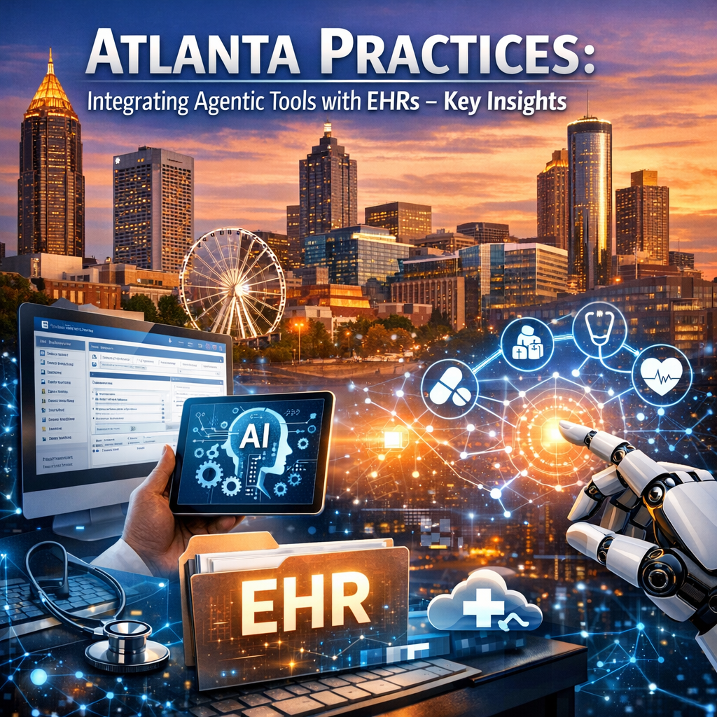 "Exploring futuristic healthcare in Atlanta: Where AI meets EHR for smarter, more efficient practices!" Atlanta skyline merging with digital icons representing AI and EHR systems for healthcare.