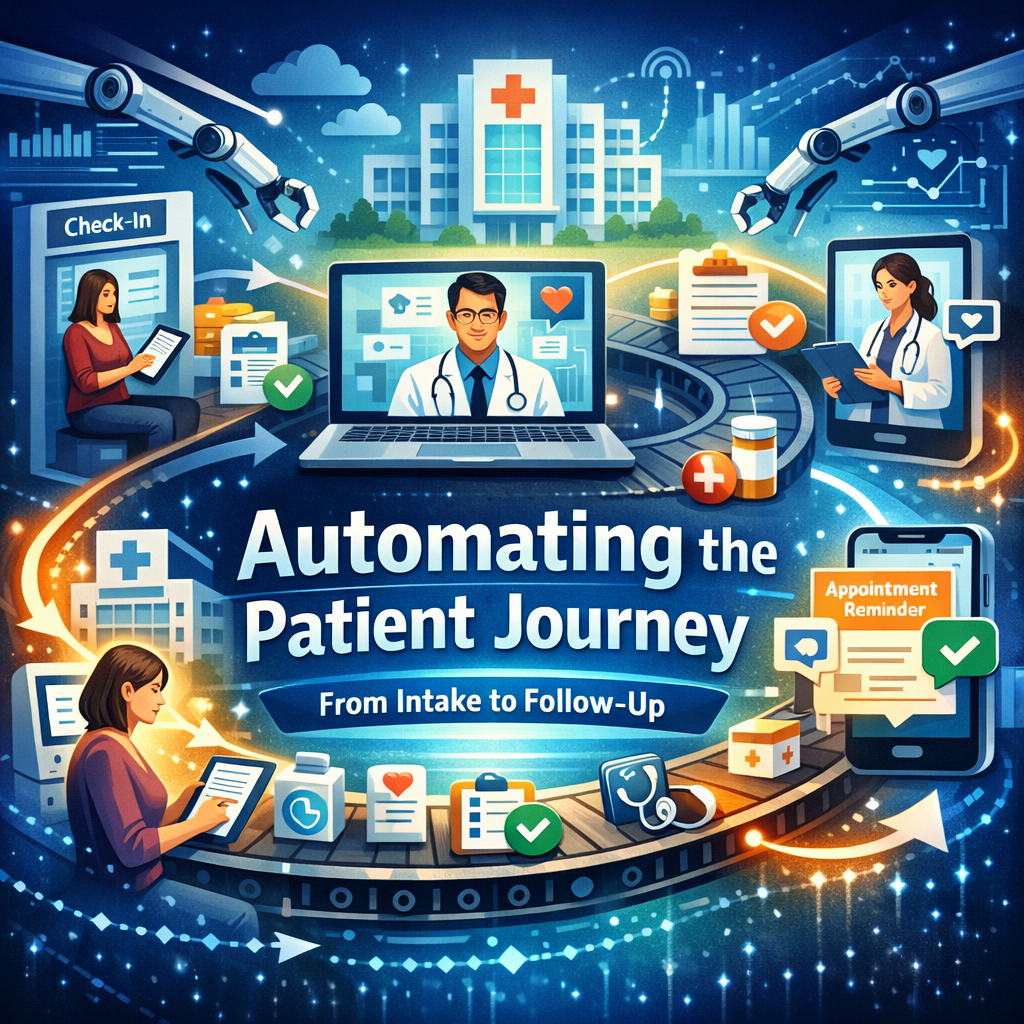 Digital workflow diagram showing the automated patient journey from intake to follow-up in healthcare.