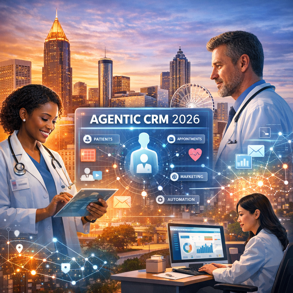 Healthcare professionals using Agentic CRM software in a modern Atlanta clinic setting.