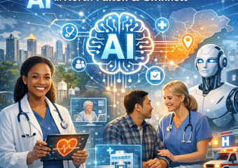 Graphic of AI symbols over North Fulton and Gwinnett map highlighting healthcare access.