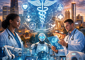 Doctors and an AI robot using futuristic healthcare technology in a smart city, representing Atlanta’s healthcare tech scen