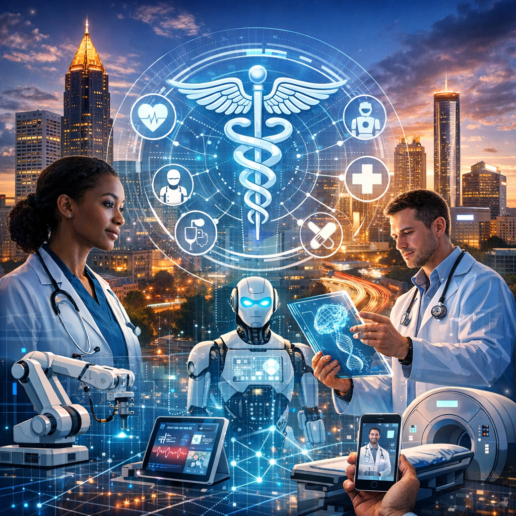 "Unveiling the future of medtech in Atlanta, where innovation meets impeccable patient care." Doctors and an AI robot using futuristic healthcare technology in a smart city, representing Atlanta’s healthcare tech scen