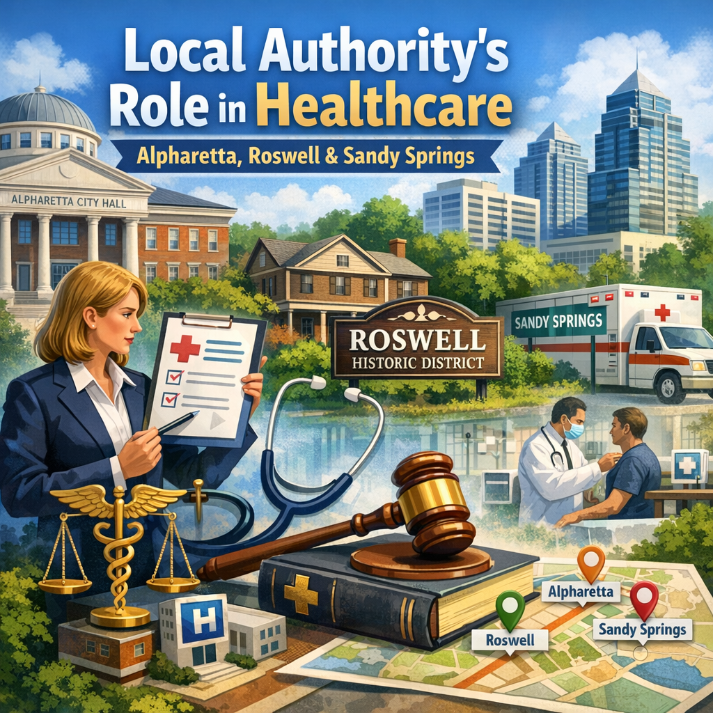 Illustration of a map highlighting Alpharetta, Roswell, and Sandy Springs with symbols for healthcare and legal regulations.