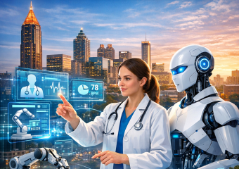 Hospital staff and robots working together in an Atlanta hospital setting.